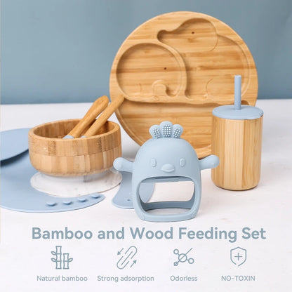 Baby Tableware Set - Bamboo Wooden Feeding Bowl, Dinner Plate, Cup, Bib, Spoon & Fork, Non-Slip Children’s Feeding Dishes (BPA Free)