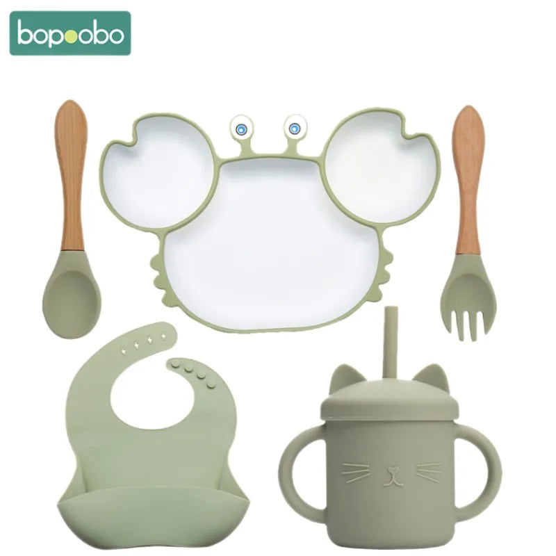 Kawaii Crab Baby Feeding Set - Silicone Baby Bowls, Plates & Spoons, Non-Slip Tableware for Kids