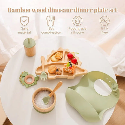 7-Piece Bamboo Wooden Dinosaur Dinner Plates Set - Children’s Tableware with Suction Bowls, BPA-Free Baby Feeding Supplies