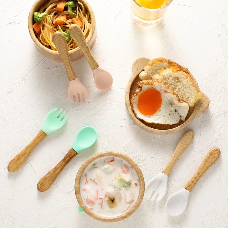 Baby Tableware Set - Bamboo Wooden Feeding Bowl, Dinner Plate, Cup, Bib, Spoon & Fork, Non-Slip Children’s Feeding Dishes (BPA Free)