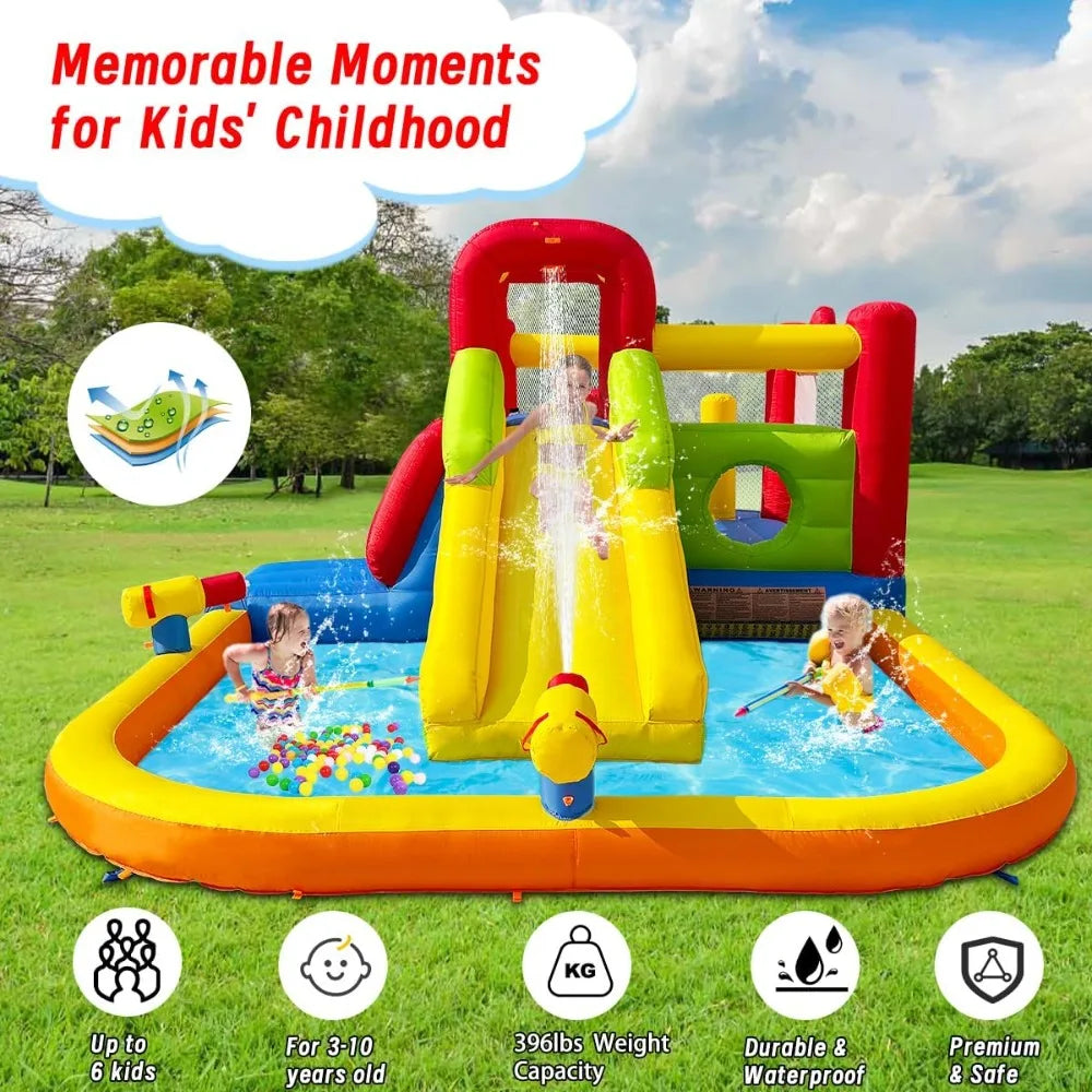 Bounce House Inflatable Water Slides for Kids - Inflatable Water Park with Slide, Splash Pool, Double Water Cannon & 2 Climbing Walls