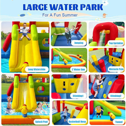 Bounce House Inflatable Water Slides for Kids - Inflatable Water Park with Slide, Splash Pool, Double Water Cannon & 2 Climbing Walls