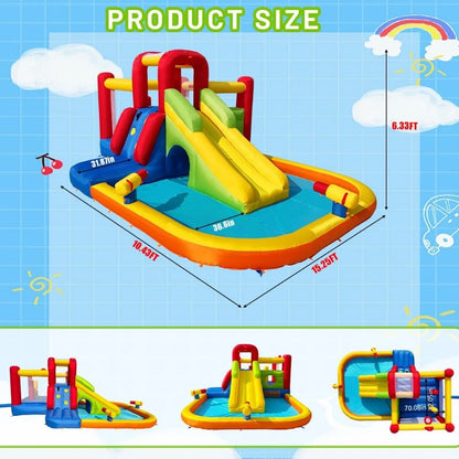 Bounce House Inflatable Water Slides for Kids - Inflatable Water Park with Slide, Splash Pool, Double Water Cannon & 2 Climbing Walls