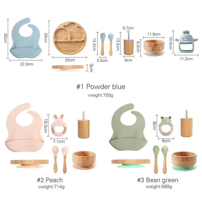 Baby Tableware Set - Bamboo Wooden Feeding Bowl, Dinner Plate, Cup, Bib, Spoon & Fork, Non-Slip Children’s Feeding Dishes (BPA Free)