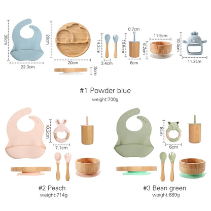 Baby Tableware Set - Bamboo Wooden Feeding Bowl, Dinner Plate, Cup, Bib, Spoon & Fork, Non-Slip Children’s Feeding Dishes (BPA Free)