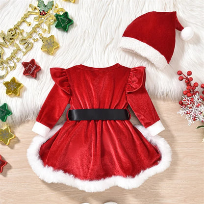 Winter Baby Girls Xmas Velvet Romper Dress - Long Sleeve Santa Jumpsuit with Terry Trim & Christmas Hat