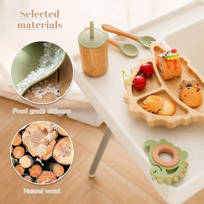 7-Piece Bamboo Wooden Dinosaur Dinner Plates Set - Children’s Tableware with Suction Bowls, BPA-Free Baby Feeding Supplies