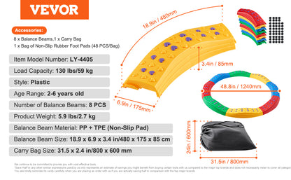 VEVOR Kids Balance Beam & Stepping Stones Set - Non-Slip Sensory Training Montessori Toys for Toddlers (Ages 2-6), Indoor & Outdoor Play